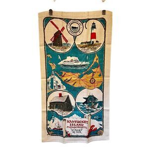 Vintage Linen Tea Towel Wall Art NANTUCKET ISLAND Massachusetts Souvenir EC